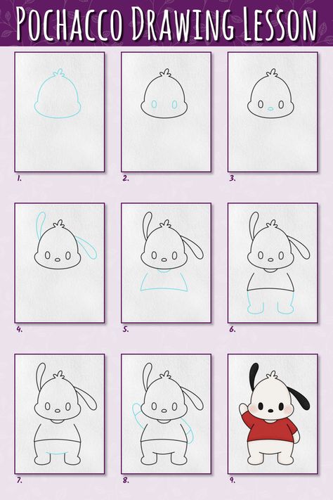 Learn How-to Draw Pochacco Step-by-Step Cute Drawings Sanrio, Draw Cartoons, Timmy Turner, Stewie Griffin, Peter Griffin, Drawing Lesson, Expressive Eyes, Drawing Process, Patrick Star