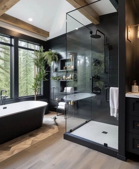 Bathroom With Black Bathtub, Dark Bathroom Interior Design, Big Bathroom Ideas Master Suite, Master Bathrooms With Walk In Showers, Modern House Bathroom, Modern Cabin Bathroom, Dark Modern Bathroom, Bathroom Closet Remodel, Soaking Tub Shower Combo