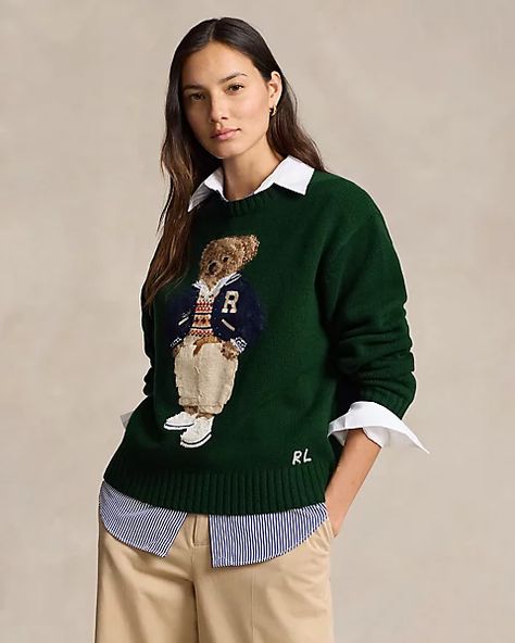 Ralph Lauren Bear Sweater Outfit, Polo Bear Ralph Lauren Outfit, Colourful Knitwear, Ralph Laurent, Ralph Lauren Polo Bear, Trendy Heels, Bear Family, Polo Bear, Cashmere Jumper