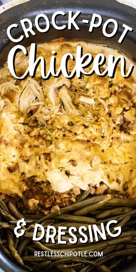 Oh my gosh, y'all - this easy crockpot chicken and dressing is just like Sunday dinner at Grandma's! It is creamy and comforting! I've included oven & instant pot instructions, too. Crockpot Chicken Dressing Recipes, Crockpot Chicken With Stovetop Dressing, Crockpot Chicken Dressing Easy, Crockpot Chicken And Dressing Recipes, Chicken And Dressing Crockpot, Crockpot Chicken Dressing, Crock Pot Chicken And Dressing, Chicken Dressing Recipe, Crock Pot Chicken And Stuffing