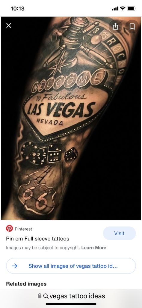 Theme Tattoo Sleeve, Las Vages, Las Vegas Tattoo, Vegas Tattoo, Las Vagas, Dog Memorial Tattoos, Theme Tattoo, Full Sleeve Tattoos, Memorial Tattoos