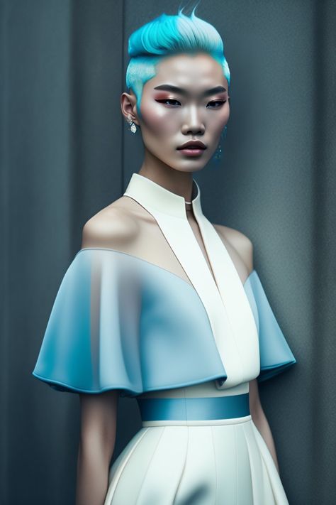 Futuristic Uniform, Foggy Photoshoot, Hair Ethereal, Pale Blue Hair, Galactic Fashion, Editorial Fashion Magazine, High Tech Fashion, Alien Clothes, Look Festival