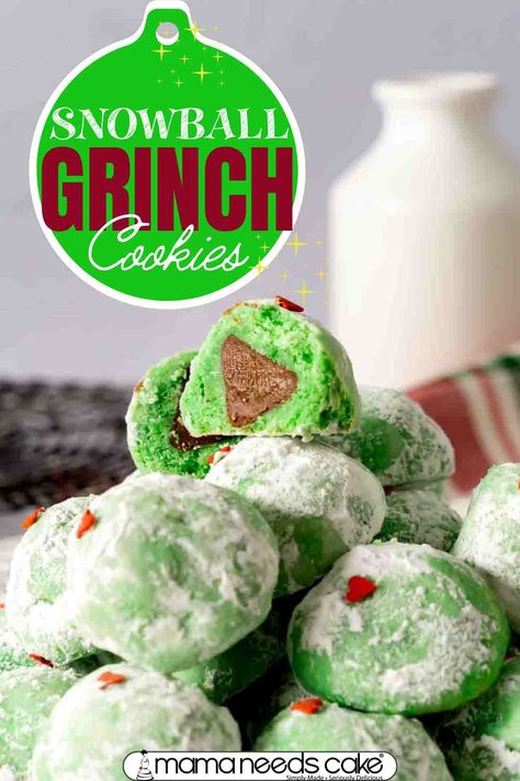 These Snowball Grinch Cookies have a surprise inside. Inside each of these Grinch cookies is something sweet - a chocolate Hershey's kiss! Grinch Cookies Recipe, Green Cookies, Hershey Kiss Cookies, Grinch Cookies, Molasses Cookies Recipe, Christmas Baking Recipes, Kiss Cookies, Snowball Cookies, Christmas Cookies Easy