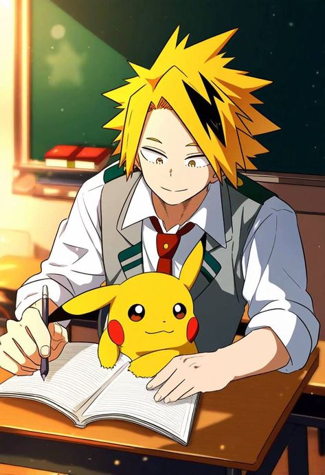 Mha With Pokemon, Mha X Pokemon, Pokemon Crossover, Human Pikachu, Academia Art, Denki Kaminari, Boy Drawing, Anime Lover, Anime Drawings Boy