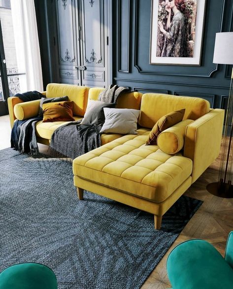 Sofa In Small Living Room, Living Room Yellow Sofa, Yellow Sofa Living Room Ideas, Yellow Sofa Living Room, Modern Living Room Scandinavian, Interior Design Bright, Fabulous Living Room Decor, Blue Living Room Color, Blue Furniture Living Room