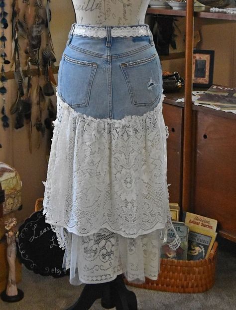 Up-cycled Abercrombie & Fitch off White/cream Lace, Ribbon Western Wedding, Festival, Event, Unique One of A Kind Blue Denim Jean Skirt - Etsy Jean Wedding Dress, Reworked Skirt, Denim Shorts Outfit Summer, Jeans Wedding, Denim Bag Patterns, Functional Wardrobe, Skirt Ideas, Denim Shorts Outfit, Denim Skirt Outfits