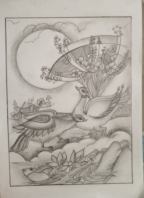 Sarjanatmak bhat chitra Bhat Chitra Drawing, Elementary Drawing, Normal Design, Butterfly Art Drawing, Drawing Time, Pencil Drawing Images, Rajasthani Art, Composition Painting, Abc Art