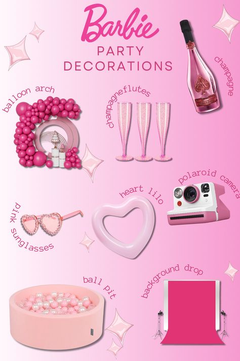 Barbie Theme Mood Board, Barbie Office Party, Classic Barbie Birthday Party, Sweet 16 Party Ideas Barbie, Barbie Aesthetic Party Theme, Barbie Party Aesthetic, Barbie Theme Party Adults, Barbie Bachelorette Party Ideas, Barbie Party Backdrop