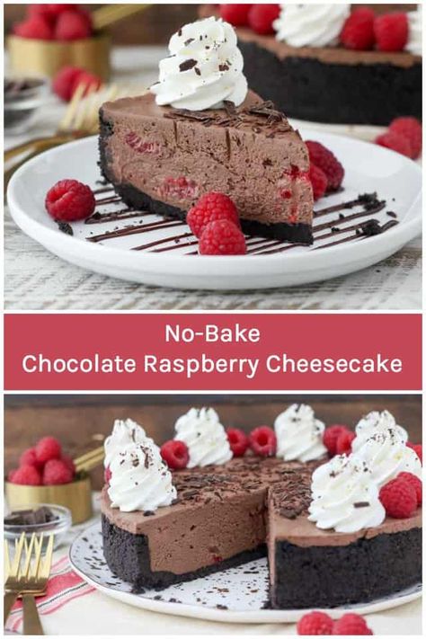 This No-Bake Chocolate Raspberry Cheesecake is a creamy dark chocolate no-bake cheesecake with a fresh raspberry swirl and chunks of raspberries. #nobakecheesecake #chocolatecheesecake #nobake #cheesecake Raspberry Swirl Cheesecake, Coconut Hot Chocolate, No Bake Chocolate Cheesecake, July Desserts, Chocolate Raspberry Cheesecake, July Recipes, Raspberry Recipes, Summer Recipe, Bake Dessert