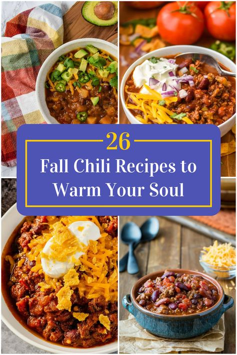 Collage of 4 fall chili recipes. Pumpkin Spice Chili Recipe, Fall Chilli Recipes, Thanksgiving Chili, Fall Chilli, Autumn Chili, Fall Chili Recipes, Unique Chili Recipe, Chili Ideas, Types Of Chili