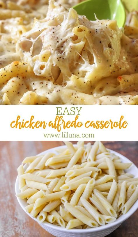 Cheesy Chicken Alfredo Casserole is a simple twist on a family favorite! It's an easy dinner, perfect any night of the week. #chickenalfredobake #chickenalfredo #pastabake #chickenalfredocasserole #pasta Baked Chicken Alfredo Pasta Casseroles, Cheesy Chicken Pasta Bake, Easy Chicken Alfredo Recipe, Chicken Alfredo Bake Recipe, Cheesy Chicken Alfredo, Alfredo Casserole, Grilled Pineapple Chicken, Asian Steak Bites, Healthy Chicken Casserole