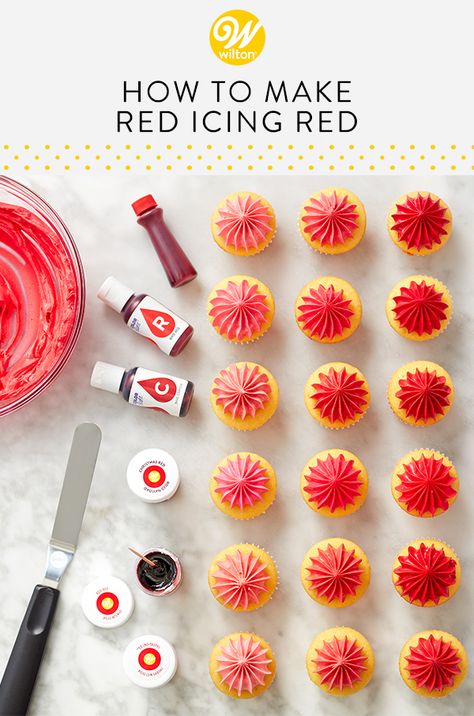 Do you struggle with making bright red buttercream frosting? You’re not alone! Learning how to make red frosting that’s actually red and not pinkish red can be a challenge, but we’re up for the task! We've figured out just how much   food coloring, Color Right base colors or jar icing colors, is needed to achieve your desired shade of red! #wiltoncakes #blog #blogpost #blogger #buttercreamfrosting #howto #redicing #redbuttercream #icingcolors #homemade #guide #beginner #cakedecorating Mixing Frosting Colors, How To Color Icing, How To Get Red Buttercream Icing, How To Make Red Buttercream, How To Make Red Food Coloring, How To Make Dark Red Frosting, Red Icing Cupcakes, How To Make Red Buttercream Frosting, How To Color Buttercream Frosting