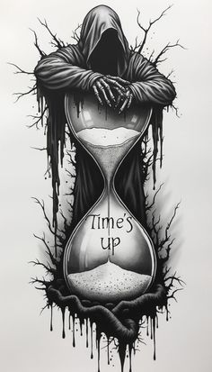 Yesterday Is History Tomorrow Is Mystery Tattoo, Good Versus Evil Tattoo, Dark Gothic Art Drawings, Dark Art Tattoo Mythology, Time Waits For No One Tattoo, Dark Horror Tattoo Designs, Hourglass Drawings, Gothic Drawing Ideas, Eightball Tattoo