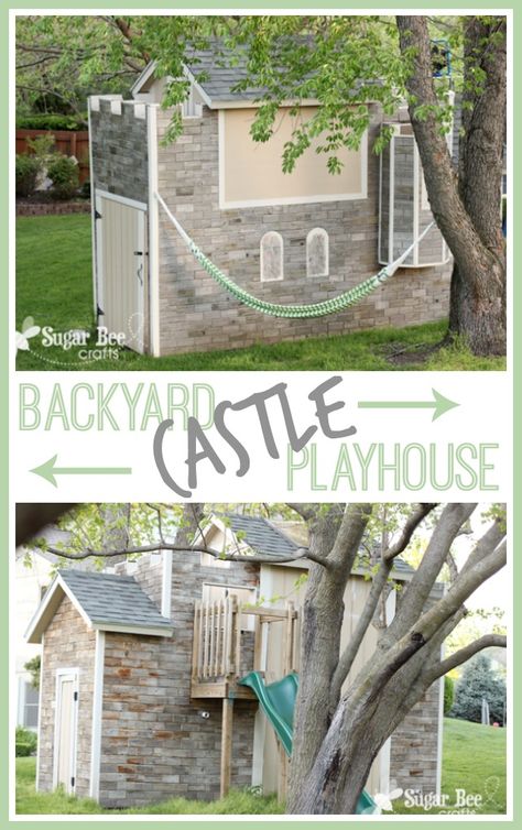 Backyard Castle with Tour - Sugar Bee Crafts Castle Playhouse, Backyard Crafts, Playground Landscaping, Backyard Creations, Backyard Playground, Bee Crafts, Side Yard, Diy Backyard, The Castle