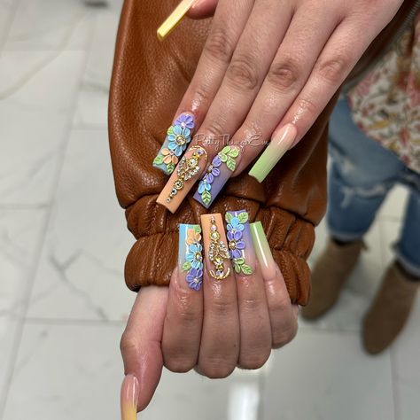 Nails, long nails, 3d flowers, nail art, spring nails, square nails, Midwest nail tech Tapered Square Nails 3d Flowers, Tapered Square, Flowers Spring, 3d Flowers, Spring Nails, Square, Nails, Flowers