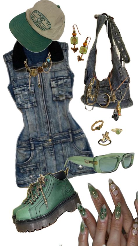 Green Denim Outfit, Denim Y2k Outfit, Y2k Green Outfit, Green Y2k, Y2k Summer Outfits, Y2k Summer, 2000s Fashion Outfits, Green Outfit, 2000s Fashion