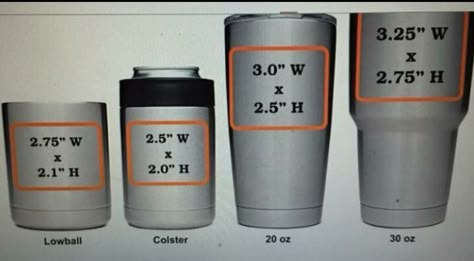 Logo or decal size for tumblers or koozies. A vinyl decal size for tumblers infograph. #cricut #silhouette #vinyl #decal #sizechart Yeti Cup Designs, Inkscape Tutorials, Silhouette Tutorials, Yeti Tumbler, Yeti Cup, Cup Decal, Cricut Tips, Tumbler Template, Cup Designs