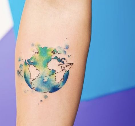 Watercolor Earth Tattoo, Watercolor Globe Tattoo, Watercolor World Tattoo, Earth Tattoo Color, Stargate Tattoo, Tiny Harry Potter Tattoos, World Travel Tattoos, Paper Airplane Tattoos, Map Monde