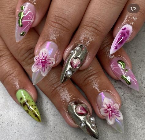 Gel Nails With Chrome, Nails With Chrome, Orchid Nails, Acrylic Gel Nails, 3d Flower Nails, Builder Gel, Flowers Summer, Bling Acrylic Nails, Acrylic Gel