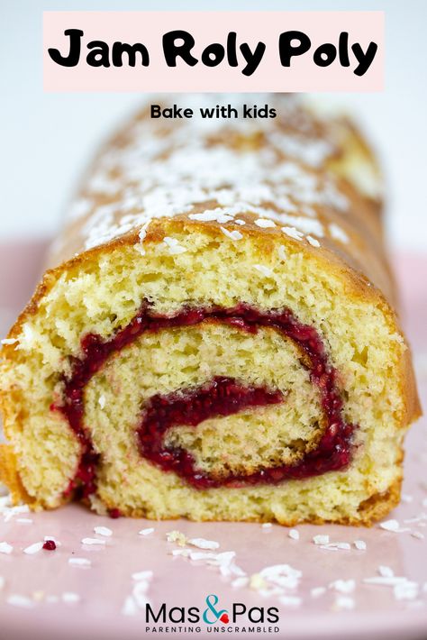 The great British roly poly cake is back! This time it's lighter, fluffier and tastier. Try this new and improved jam roly poly recipe. It's so much fun to bake it with kids and works great as kids treats and kids party food #rolypolycake #roulade #rouladerecipe #kidspartyfood #kidsdesserts #kidstreats #jamrecipes #familyrecipes #kidsfood #kids #kidsbreakfastideas #kidsrecipes #healthyrecipes #healthyfood #familymeals #kidsdinnerideas #familymealideas #bakingwithkids #bakingrecipes #bakingcakes Jam Roly Poly Recipe, Jam Roly Poly, Jam Roll, British Pudding, Roulade Recipe, Kids Treats, British Desserts, British Baking, Kids Party Food