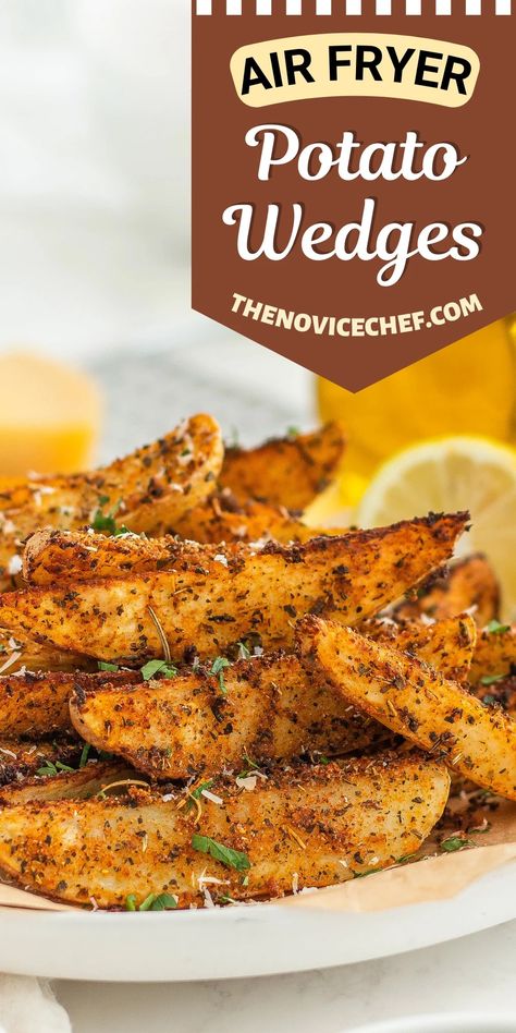 With crispy outsides, fluffy centers, and zesty seasoning, these Air Fryer Potato Wedges are a fun and tasty family favorite! Jo Jo Potatoes Wedges Air Fryer, Air Fryer Jojo Potato Wedges, Air Fry Potato Wedges, Air Fried Potato Wedges, Broasted Potatoes, Potato Wedges Air Fryer, Potato Wedges Fried, Kfc Potato Wedges, Air Fried Potatoes