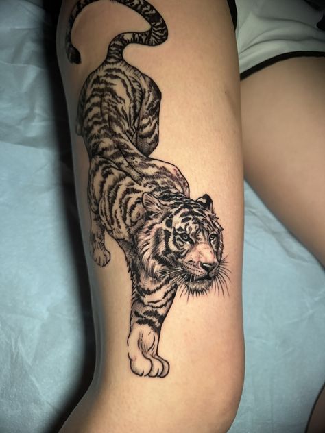 Muay Thai Tiger Tattoo, Ying Yang Tiger Tattoo, Tiger Prowling Tattoo, Tiger Peony Tattoo, Tiger And Leopard Tattoo, Large Tiger Tattoo, Bellisima Tattoo, Tiger Foot Tattoo, Tiger Leg Tattoo For Women