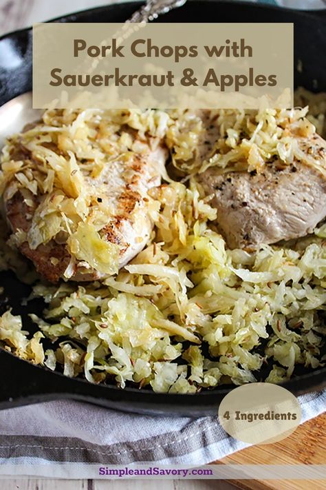 Pork chops and sauerkraut with apples makes an excellent weeknight dinner. Savory and sweet pork chops mingle with tart kraut and crisp apples for a satisfying dinner Pork Chops Sauerkraut, Pork Chops With Sauerkraut, Sauerkraut And Apples, Pork Chops And Sauerkraut, Homemade Sauerkraut, Easy Family Dinner, Sweet Pork, Leftover Pork, Sauerkraut Recipes