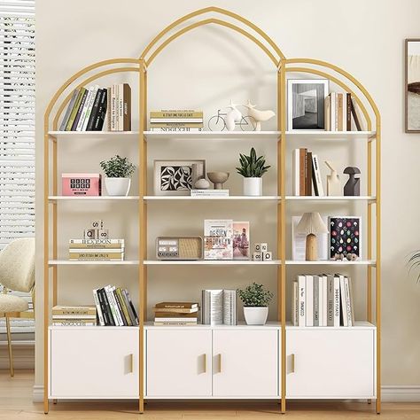 Amazon.com: Semoic Arched Bookshelves and Bookcases: Triple Wide 5-Tier Large Open Bookshelf, Etagere Bookcase with Display Shelf for Home Office, White and Gold : Home & Kitchen Arched Bookshelves, Gold Bookshelf, Open Bookshelf, Home Office White, Open Bookshelves, Corner Bookshelves, Furniture Bookshelves, Etagere Bookcase, White Shelves