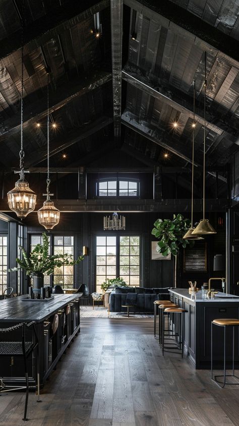 Embracing the Dark Side: Luxurious All-Black Interior Design — Living Bright Interiors Shed Homes Interior Ideas, All Black Homes, Kitchen With Black Ceiling, Luxury Farmhouse Kitchen Design, Moody Barndominium Interior, Black Vaulted Ceiling Living Room, Black Cathedral Ceiling, Black And Green House Interior, All Black Barndominium