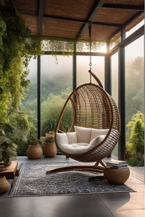 Cozy outdoor reading nook with hanging egg chair Corner Outdoor Ideas, Backyard Sitting Area Ideas Garden Nook, Backyard Sitting Area Ideas, Backyard Sitting Area, Traditional Patio Furniture, Contemporary Patio Furniture, Rustic Patio Furniture, Backyard Sitting Areas, Outdoor Reading Nooks