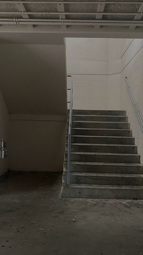 staircase at school Staircase Reference, School Staircase Aesthetic, Staircase Background, School Staircase, School Stairs, Liminal Stairs, Creepy Stairs, Creepy Staircase, Dark Staircase