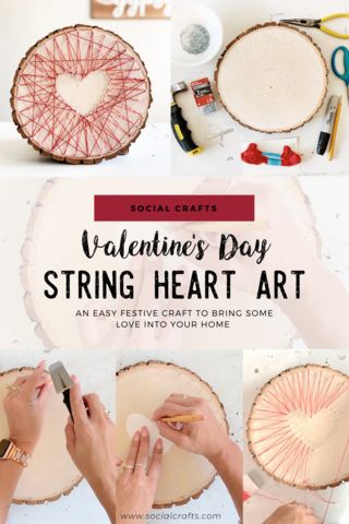 Valentine's Day, or Galentine's Day, decoration craft for the home - my Heart String Art craft! Easy DIY craft idea for any time of year, for any craft party. If you don't want to do a heart, these techniques can be applied to any string art design! For more DIY craft party inspiration visit www.socialcrafts.com Diy Craft Party, Craft Night Party, Heart String Art, String Art Tutorials, Craft Easy, Festive Crafts, Valentine Projects, String Art Diy, Craft Night