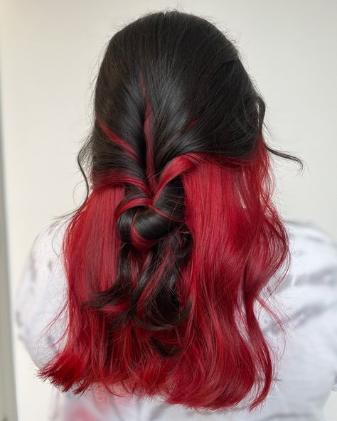 Red Hair Dye Ideas For Blondes, Peek A Boo Highlights On Dark Hair, Peekaboo Hair Color Red, Red Hair Underneath, Red Peekaboo Hair, Highlight Hair Ideas, Highlights Underneath Hair, Red Halo Hair, Peak A Boo Hair