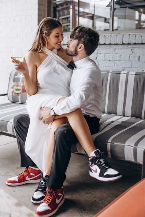 Sneakers Wedding Reception, Prenup Jordan Shoes, Wedding Air Jordans, Wedding Jordans Sneakers Groom, Nike Engagement Photos, Engagement Photos With Sneakers, Wedding Jordans Sneakers, Tux With Sneakers, Wedding Dress With Sneakers Brides