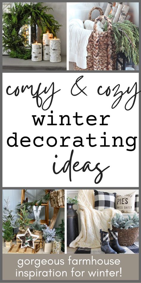 Need help going from Christmas home decor to winter decor! You're in the right place! In this post you'll see lost of creative ways to get that cozy vibe from your winter decor - & it's very easy to transition from what you have up already for Christmas! Keep reading to get some pro-tips & discover some common elements in the coziest winter decor out there - in rustic farmhouse style! Cheap, easy, & cozy decorating ideas for after Christmas, with some fun DIYs! After Christmas Winter Decor, Decorating After Christmas, Cozy Rustic Farmhouse, Winter Decor Ideas For The Home, After Christmas Decor, Winter Decorating Ideas, Decor After Christmas, January Decor, Farmhouse Winter Decor