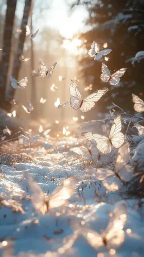 ↑↑↑ Larger size on website 🔸 The image shows a magical winter scene with a flurry of white butterflies dancing in a sun-drenched Silver Butterflies, Moon Projects, White Butterflies, Butterfly Mobile, Widget Design, Magical Winter, Lovely Flowers Wallpaper, Snowy Forest, Winter Forest