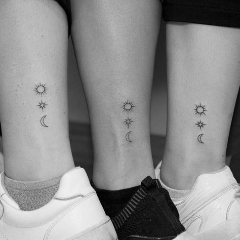 3 Friend Tattoos, Sun Moon And Stars Tattoo, Moon And Stars Tattoo, Matching Bff Tattoos, Cousin Tattoos, Maching Tattoos, Matching Friend Tattoos, Cute Matching Tattoos, Stars Tattoo