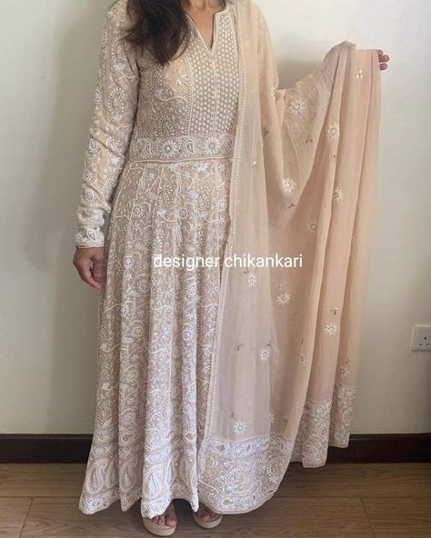 Our overseas clients in exquisite hand embroidered pure georgette chikankari designer anarkali. Richly adorned with embellishment. Visit www.instagram.com/nargischikankari Gotta Patti Work, Chikankari Anarkali, Gotta Patti, Designer Anarkali, Embroidered Dupatta, Georgette Fabric, Designer Wear, Anarkali, White Lace