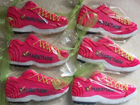 Marathon /Running Shoe Cookie by The Green Lane Baker Running Shoe Cookies Decorated, Track Cookies Decorated, Running Cookies Decorated, Running Party Theme, Marathon Cookies, Running Cookies, Cross Country Banquet, Running Cake, Cookie Decor Ideas