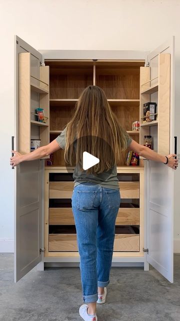 Woodshop Diaries | Shara on Instagram: "Extra storage in the kitchen is always a great idea. I’m excited to be sharing new plans and full build video for this large pantry cabinet that can be used as a stand alone or as part of a built in 🙌 
This has been on my to build list for years and I’m so glad it finally came to life. Comment PLANS for a link to the build plans! #kitchenstorage #kitchenpantry #pantrydesign #diywoodworking #diyfurniture" Kitchen Pantry Cabinets Built Ins, Large Pantry Cabinet, Stand Alone Kitchen Pantry, Woodshop Diaries, Kitchen Cabinet Plans, Tall Kitchen Cabinets, Built In Pantry, Cabinet Plans, Build Plans