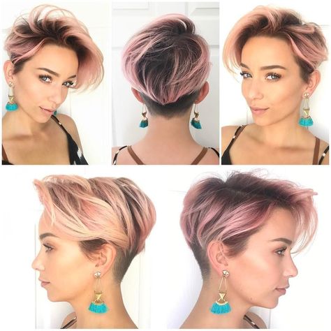 Get this Hairstyle:http://hairstyleology.com/pink-layered-undercut-pixie/ - Pink Layered Undercut Pixie Layered Undercut, Concave Bob Hairstyles, Kort Pixie, Haircut 2022, Curly Undercut, Long Pixie Cuts, Haircut Curly, Short Hair Undercut, Undercut Pixie Haircut