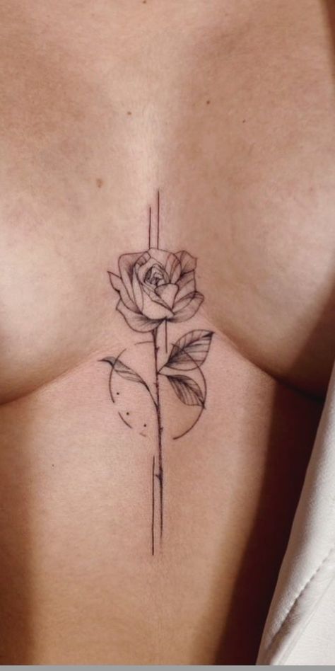 Rose In Middle Of Chest Tattoo, Back Tattoo Women Rose, Rose Between Breast Tattoo, Sternum Rose Tattoo, Between The Breast Tattoo, Flower Sternum Tattoo, Independent Tattoo, Faith Tattoo, Tattoos For Women Flowers