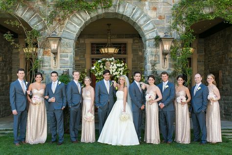 Bridesmaids in Gold Dresses and Groomsmen in Navy Suits Champagne Bridesmaid Dresses Navy Suits, Moonlit Wedding, Groomsmen In Navy, Tan Bridesmaids, Bridesmaid Dresses Navy, Blue Groomsmen, Navy Suit Wedding, Navy Suits, Silver Bridesmaid Dresses