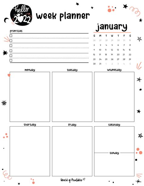 Free Cute January Calendar & Planner Printable Set - World of Printables March Planner Ideas, Bullet Journal On Ipad, March Planner, Cute Daily Planner, Planner Calendar Printables, 2022 Planner, Weekly Planner Free, January Calendar, Week Planner