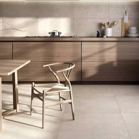 Tile Lounge Room, Porcelain Tile Floor Beige, Light Tile Floor Living Room, Neutral Contemporary Kitchen, Concrete Floor In Kitchen, Japandi Floor Tiles, Large Tiles Kitchen, Beige Ceramic Tiles Texture, Kitchen With Beige Tile Floor