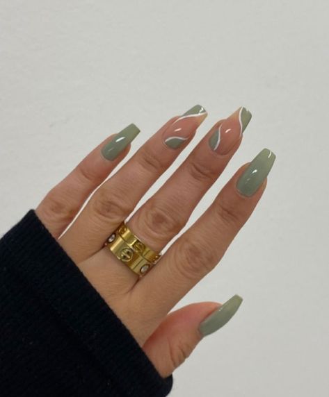 Sage Green French Tips Coffin, Green Nail Ideas Coffin, Pretty Nail Ideas Acrylic Square, Light Green Nails Coffin, Green Coffin Acrylic Nails, Green Aesthetic Nails, Nail Inspo Green, Green Nails Aesthetic, Green Acrylic Nails