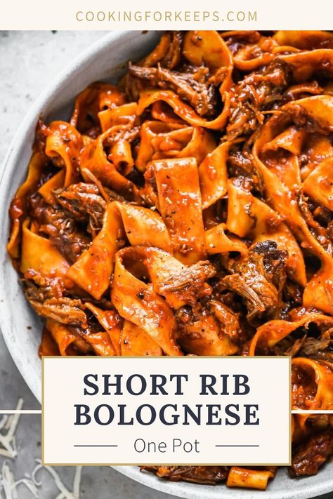 This One Pot Short Rib Bolognese is rich, hearty, and the perfect meal to cook low and slow all day long. We slow-cook beef short ribs in a rich tomato and veggie-packed sauce. After the beef is fork-tender, we simmer chewy pappardelle noodles in the same pot and then toss everything together. So cozy and easy! #onepotmeal #bolognese #shortribs Short Rib Bolognese Sauce, Short Rib Bolognese, Football Recipes, Italian Stallion, Fall Menu, Bolognese Recipe, Hot Dish, For Keeps, Short Rib