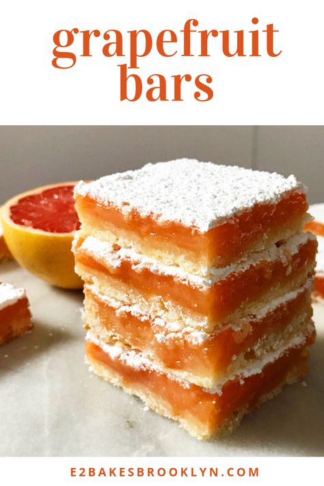 Grapefruit Bars – e2 bakes brooklyn Grapefruit Dessert, Grapefruit Bars, Grapefruit Recipes, Citrus Desserts, Citrus Recipes, Ruby Red Grapefruit, Sweet Tarts, Cookie Desserts, Dessert Bars