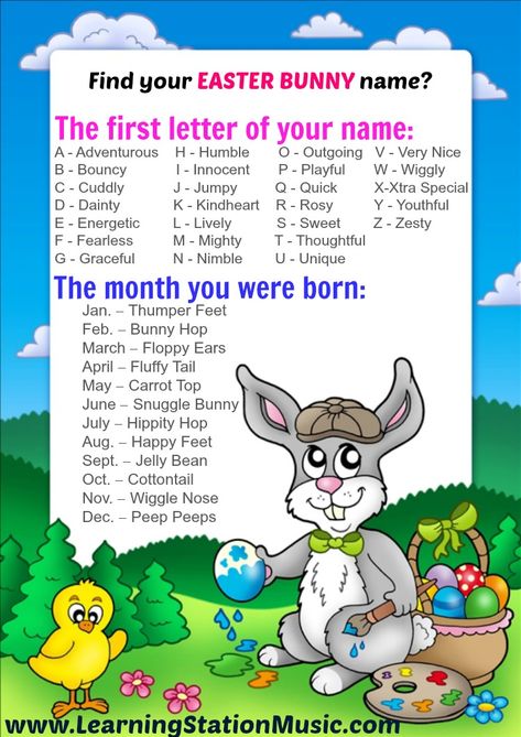 Find Your Easter Bunny Name: A Fun Easter Activity for Childen : The Learning Station Blog Easter Quiz, Easter Bunny Name, Bunny Names, Easter Games, Holiday Games, Easter Humor, Easter Time, Easter Activities, Cute Easter