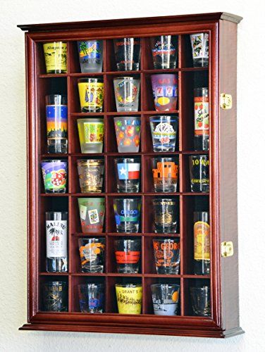 31 Shot Glass Shooter Display Case Holder Cabinet Wall Rack Cherry * You can get more details by clicking on the image. Shot Glass Display, Shot Glasses Display, Molding Design, Mini Liquor Bottles, Hardwood Doors, Cabinet Wall, Glass Display Case, Header Design, Wall Rack